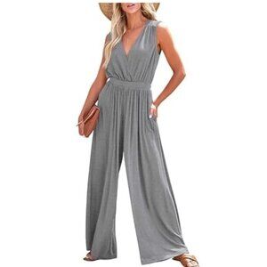 ALLEGRA K Gray Black SASH Halter Mock-wrap Cocktail JUMPSUIT Romper *SMALL*